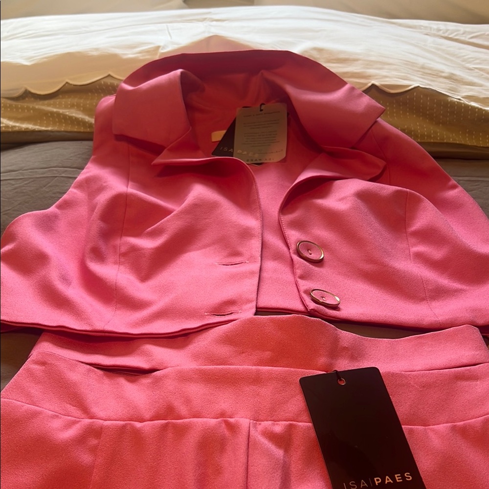 Pink Cropped Jacket and Skirt Set